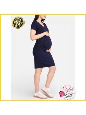 Maternity V-Neck Short Sleeve Side Ruched Bodycon Mini Pregnancy Dress